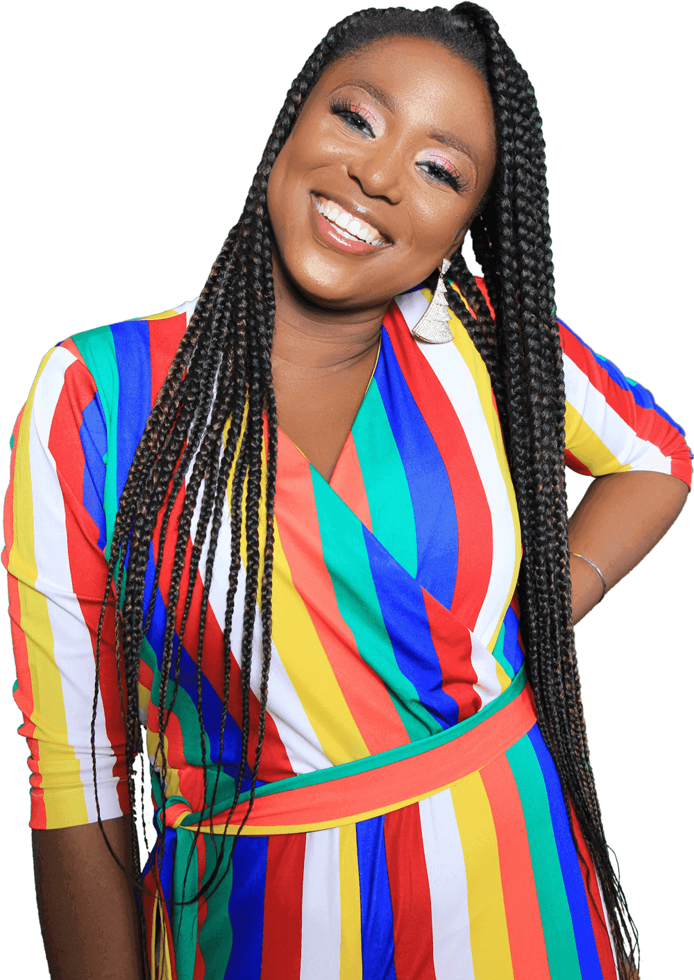 a woman with a bright dress smiling after receiving quality care for the best orthodontist in Joplin, MO.